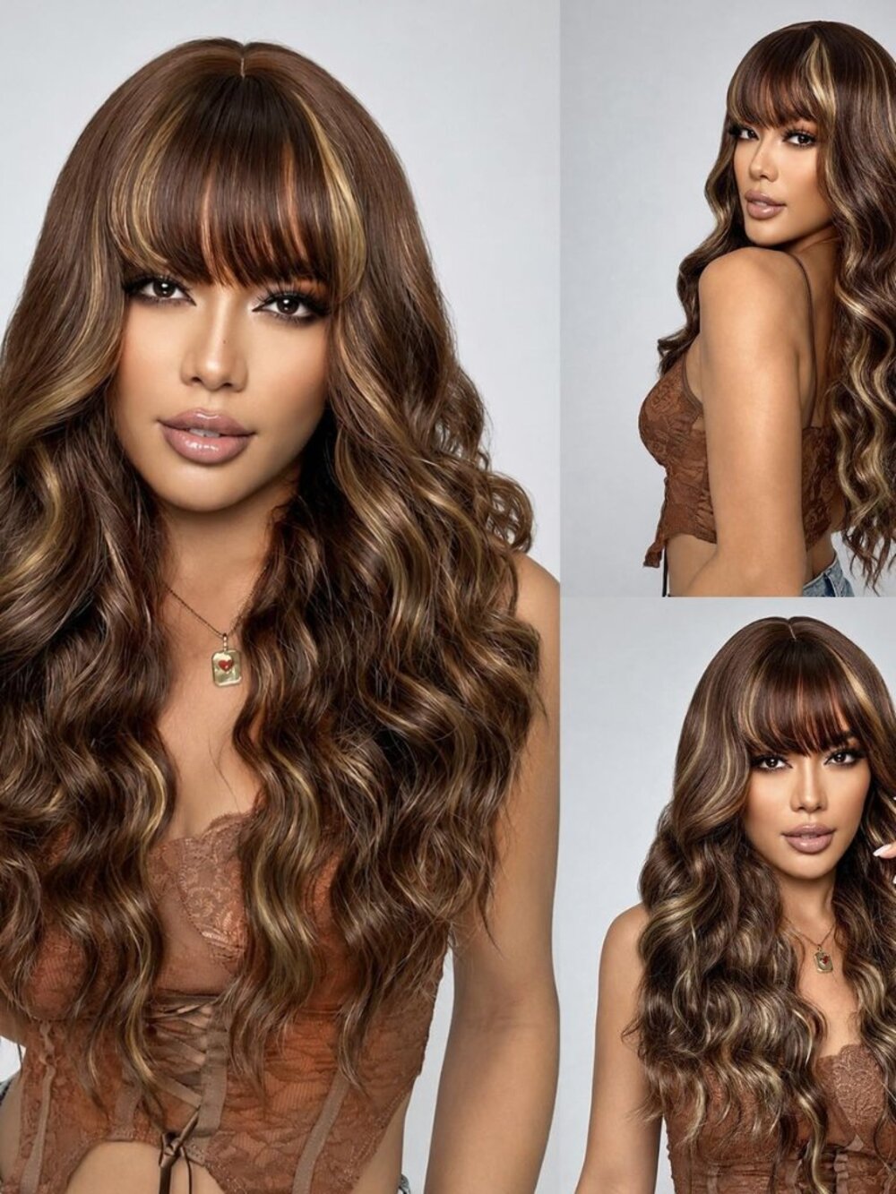 Brown Highlight Wig with Bangs for Women Long Wavy Synthetic Wig